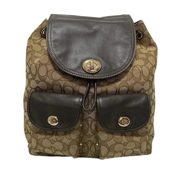 Auth COACH Signature 37742 Khaki Dark Brown Jacquard Leather - Backpack - Picture 1 of 9